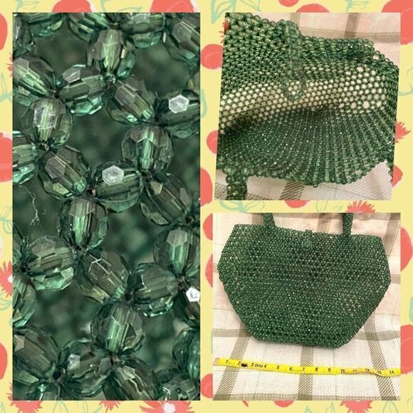 Vintage 80’s 100% forest green faceted  beaded purse structural jewel tone - Picture 4 of 6